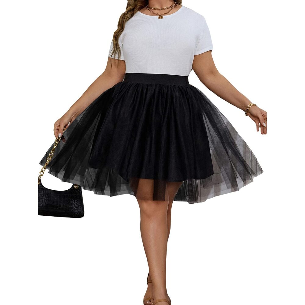 5257 Plus Size Mesh Tutu Tulle Skirt Midi Knee Length Elastic Waist Skirt